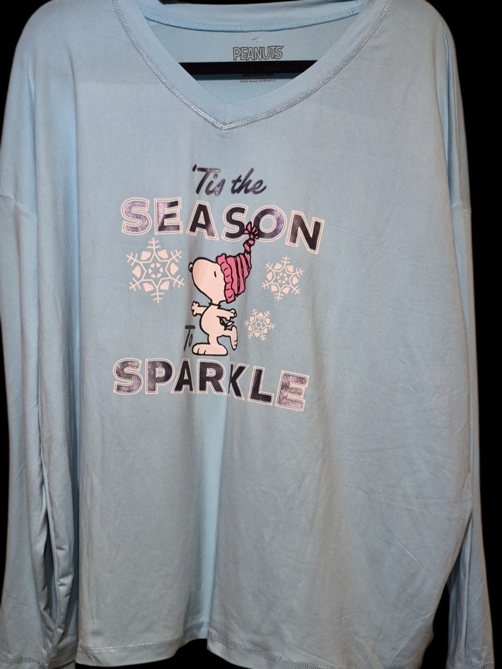 Peanuts Light Blue Snoopy 'Tis the Season to Sparkle Sleep Top